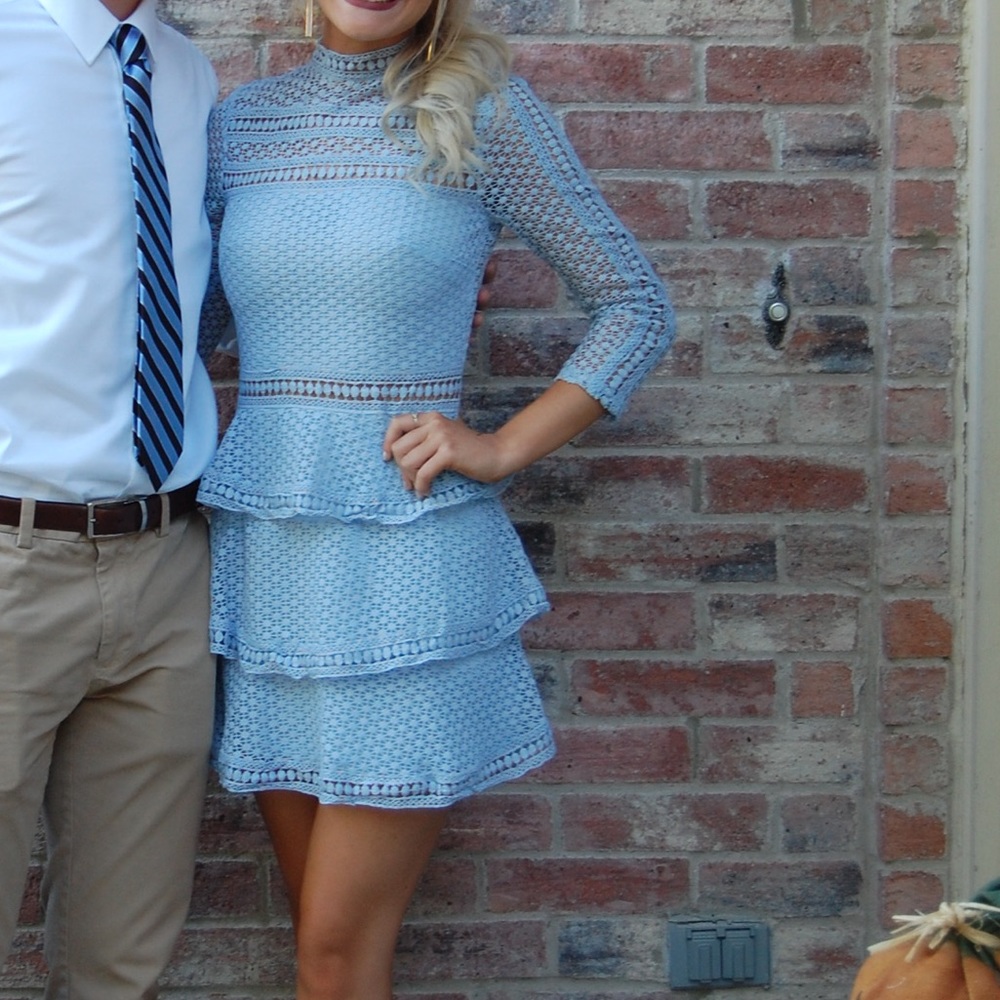 caya dusty blue lace panel tiered mini dress